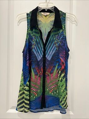 Decree Multicolor Tropical Print Sleeveless Button-Front Top with Black Trim
